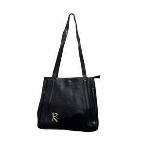 Italian Handmade Black Leather Tote Gold R Logo Shoulder Bag